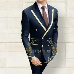 Double Breasted Men's Suits Navy Blue Peaked Lapel Slim Fit Wedding Groomsmen 2 Piece Sets Jacket Pants Costume Homme