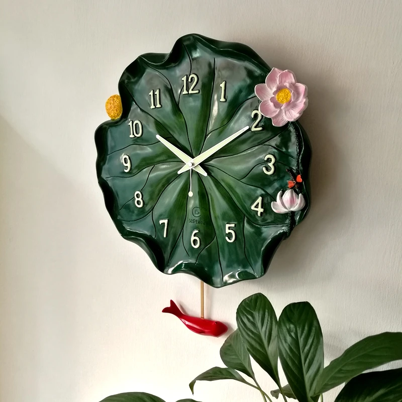 3D Decor wall clock for bedroom 14" Mute Swing Garden Lotus Leaf Resin Wall Clock Fun Luminous for Room New Consumer Electronics