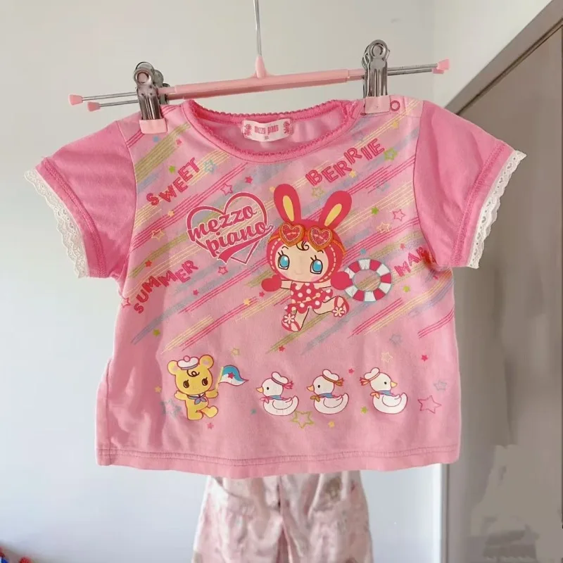 

Japanese Subculture Kawaii Girl Cartoon Print T-shirts Summer Lace Patchwork Short-sleeve Tees Women's Cute Aesthetic Loose Tops