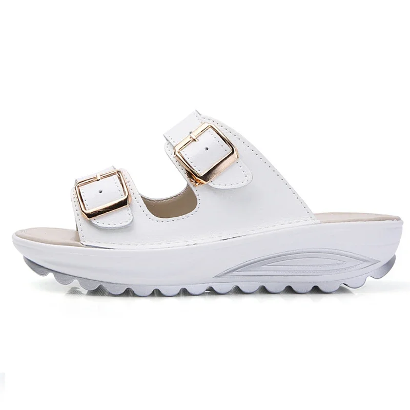 TIMETANG Summer Slippers Women Slides Sandals Genuine Leather Platform Wedges Slippers Open Toe Beach Slides Casual Sandallias