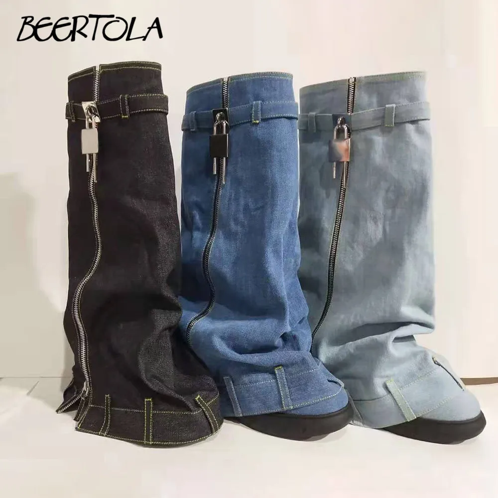 

Women's Denim Boots with Skirt Hem Shark Buckle Round Toe Women's Boots Large Size Belt Buckle Wedge Heel Fashion Casual Boots