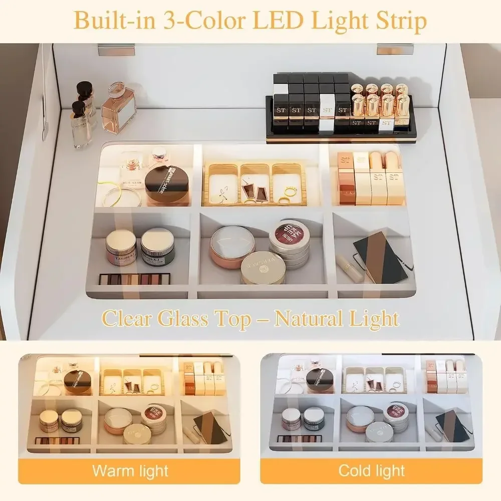 Compact Vanity Desk with Lip Top Mirror and Lights, 20 Makeup Vanity Set with Storage Stool & 2 Drawers, Suitable for Small Spac