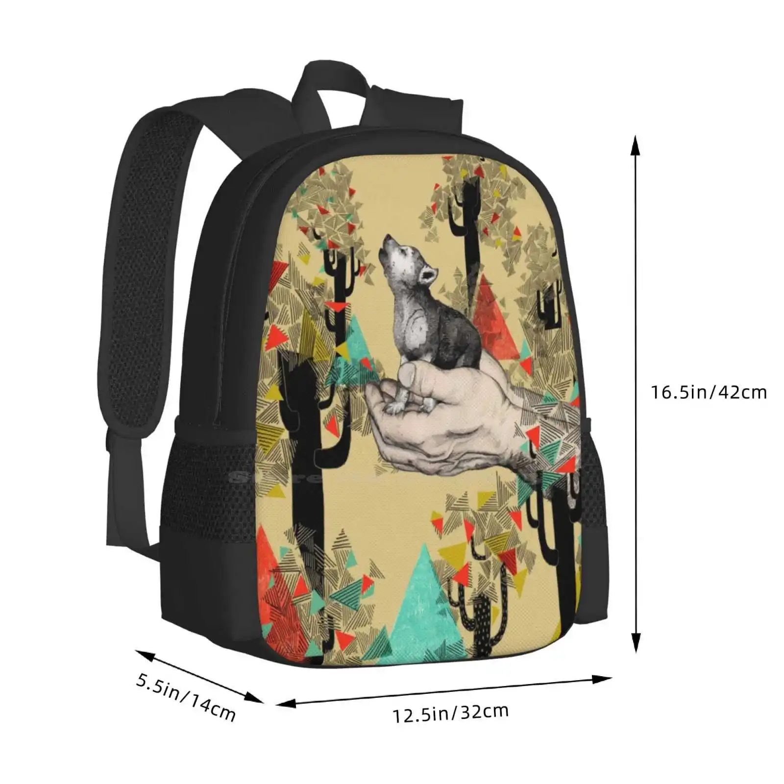 Found You There Pattern Design Bag Student'S Backpack Wolf Cub Dog Howl Yellow Mustard Triangle Trees Sandra Dieckmann