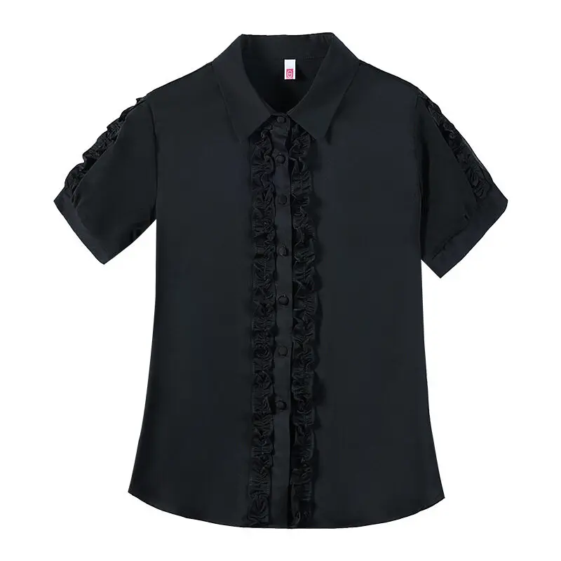 Clothing Gauze Solid Color Cardigan Chiffon Women\'s Button Lace Patchwork Short Sleeve Shirt Casual Elegant All-match Tops