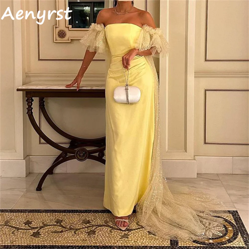 

Aenyrst Simple Off Shoulder Straight Evening Dresses Lace Ruffles Sleeves Prom Gowns Ankle Lenght Party Dress 2024 فساتين السهرة