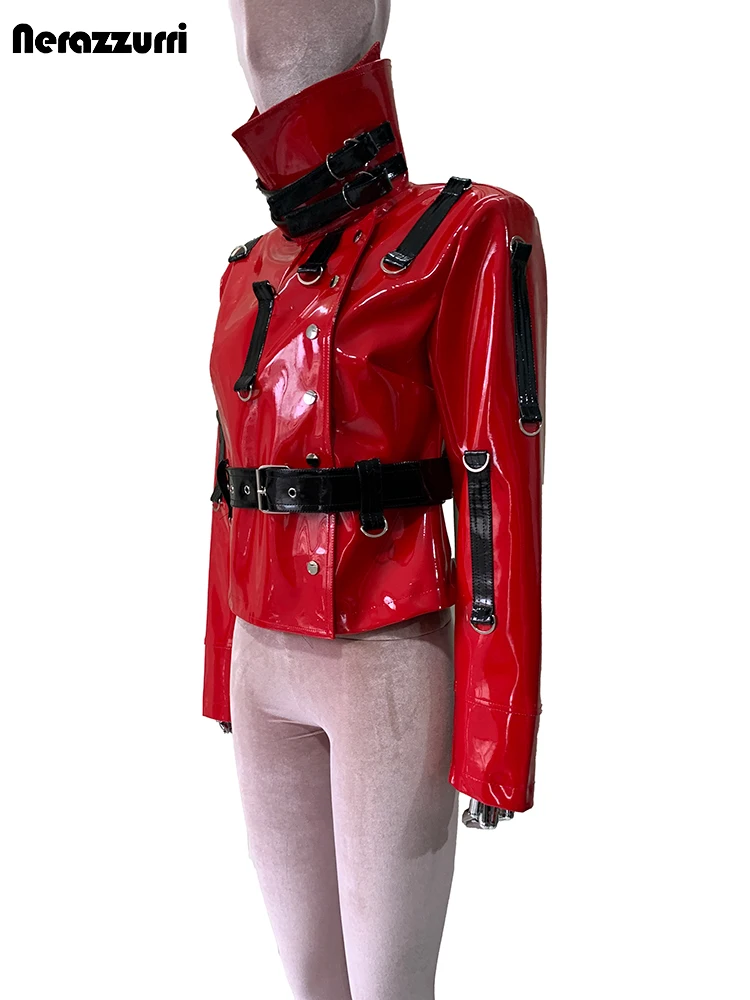 Nerazzurri otoño corto rojo y negro Patchwork brillante reflectante Pu chaqueta de cuero mujeres diseñador de lujo Emo ropa de calle moda