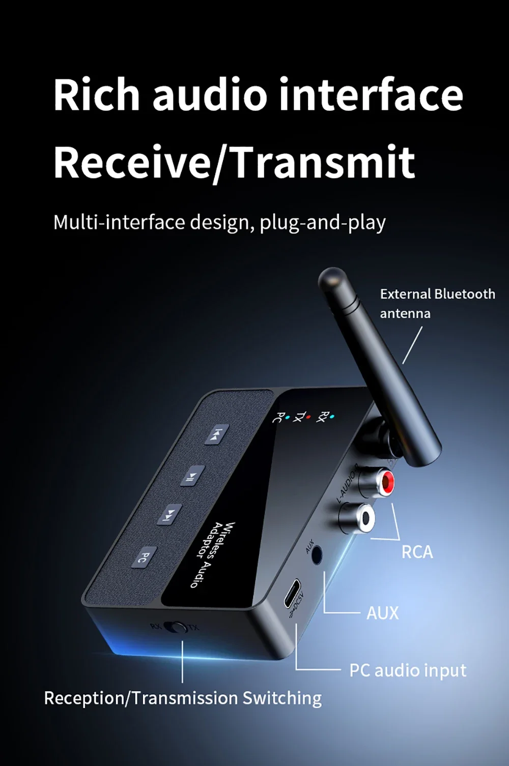 Kebidumei Drahtloser Audio-Adapter, Bluetooth 6.0-Empfänger, Sender, HiFi, verlustfreier Klang, Stereo-Musik, 3,5 mm AUX-RCA-Buchse für PC-TV – Detail 4