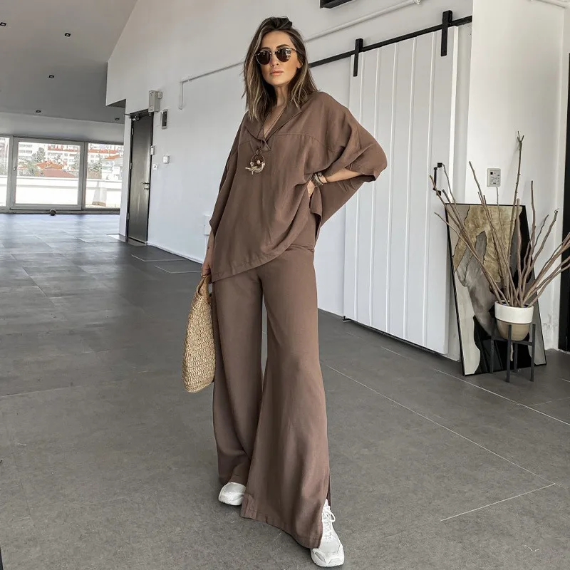 

Fashion Casual Suit Three-quarter Sleeves V-neck Pullover High Waist Wide Leg Slit Trousers Two-piece Set For Women