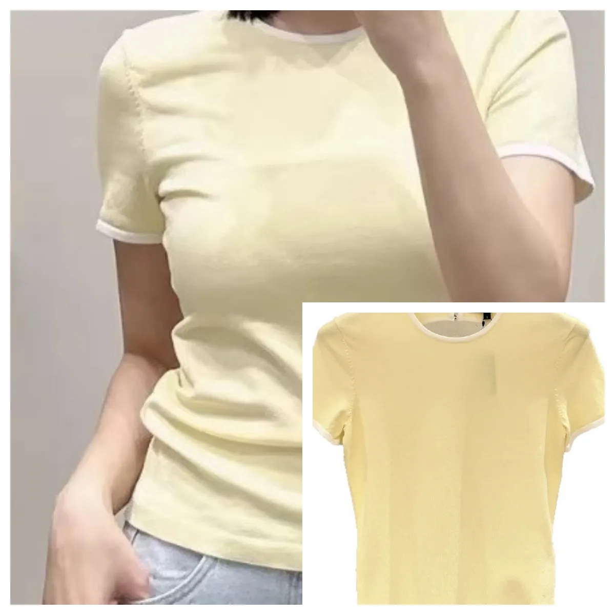 

2026 Summer Women Knit Tshirt Slim Fit Round Neck Short Sleeve Contrast Color Lady Elegant Knitted Top
