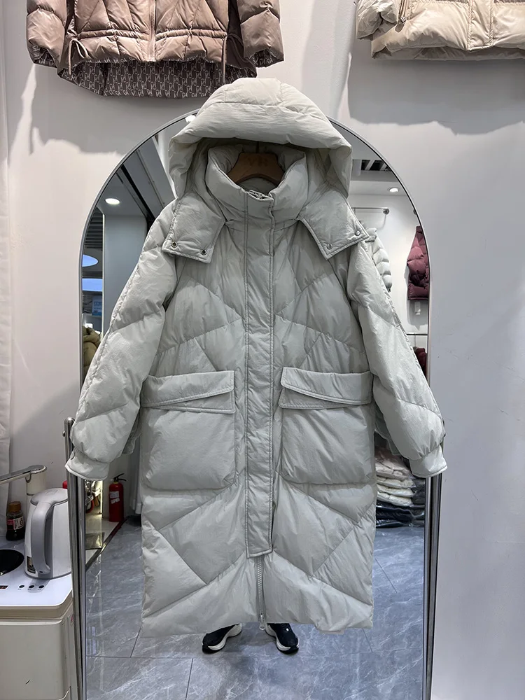 Women's Medium to Long Korean Edition Cross Diamond Grid Hoodie 2025 Winter New Casual Versatile White Duck Down Coat
