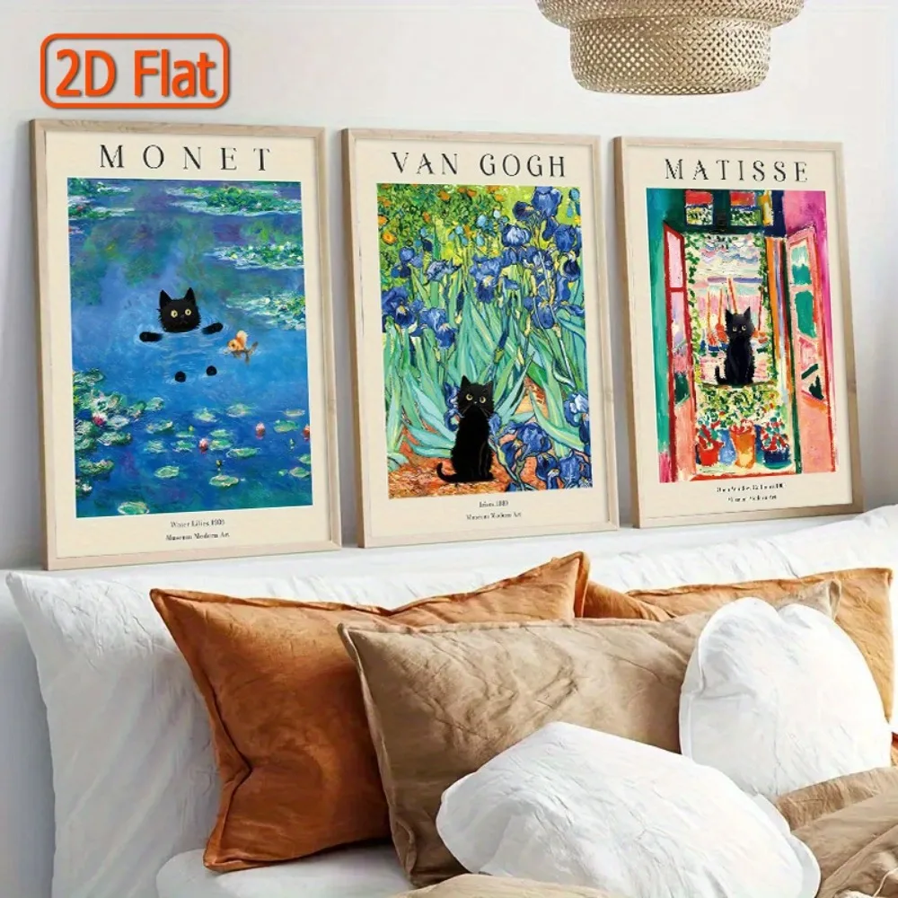 3 Frameless Canvas Prints of Famous Artists,Monet,Van Gogh,Matisse and Cat Illustrations,Classic Masterpieces and Modern Twists