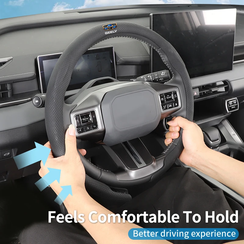 Leather Car Steering Wheel Cover Fully Perforated Wheel Interior For Geely Atlas Boyue NL3 X6 EX7 Emgrand X7 SUV GT GC9 Borui