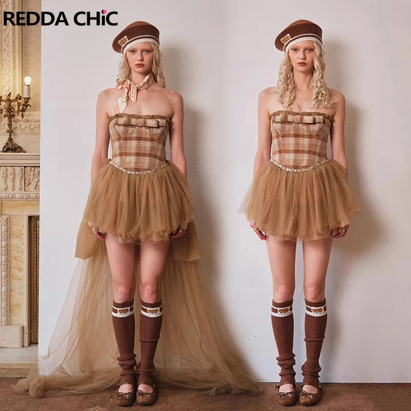

REDDACHiC Women Party Dress with Train Bow Rhinestone Applique Frilly Corset Plaid Mini Tulle Tutu Gown Evening Vintage Clothes