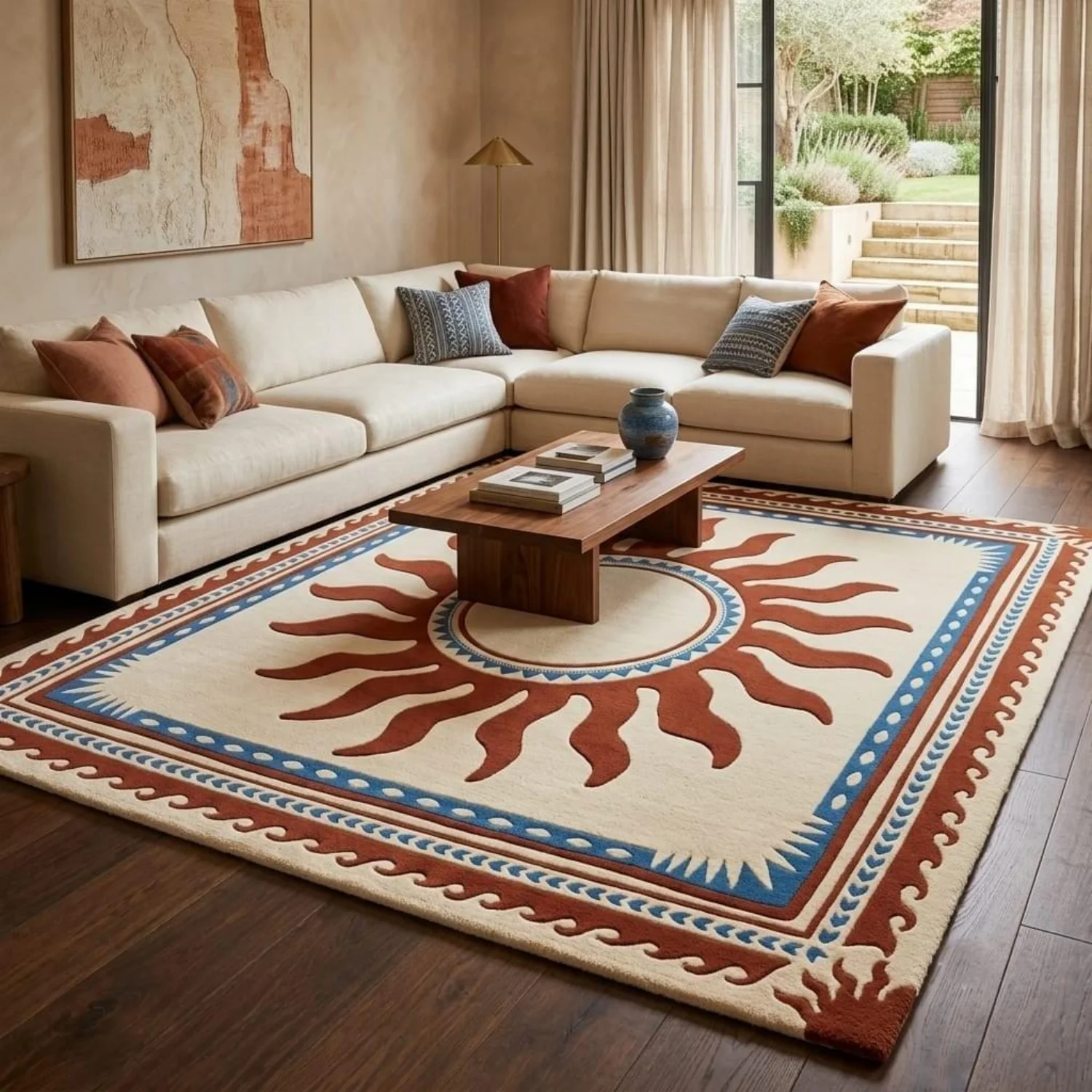 Room Decor Rug  H1and Tufted Wool Area Rug Terracotta Sunburst, Blue Geometric Border, Boho Style
