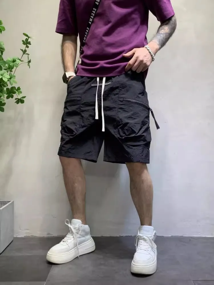 Summer Men Quick Drying Thin Beach Shorts Elastic Waist Knee Length Loose Fit Cargo Shorts Casual Pockets Short Trousers Colors