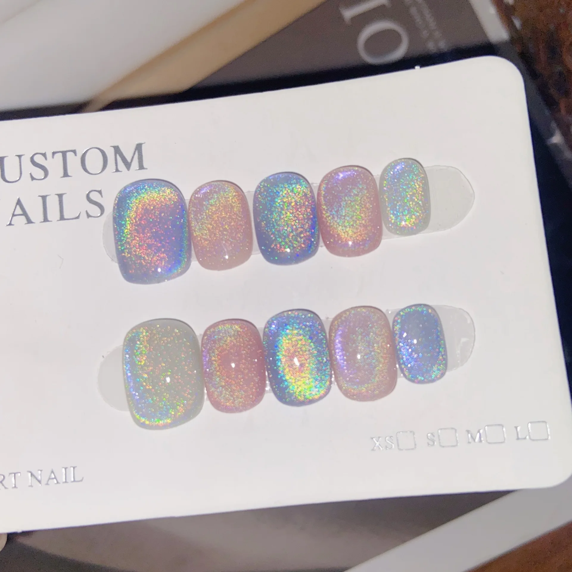 

10pcs Handmade Press on Nails Rainbow Cat's Eye Colorful Flashing Fake Nail for Women&Girl Removable Wearable Nail Daily Wear