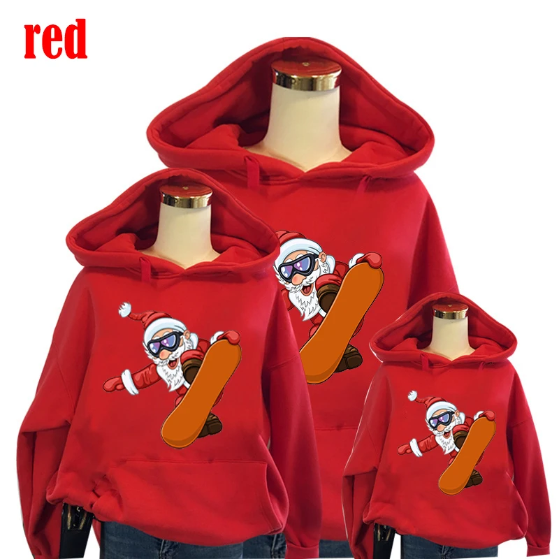 Parent-child Clothing Winter Warm Hooded Sweatshirt Fashion Family Matching Outfits Christmas Santa Snowboarding Print Hoodies