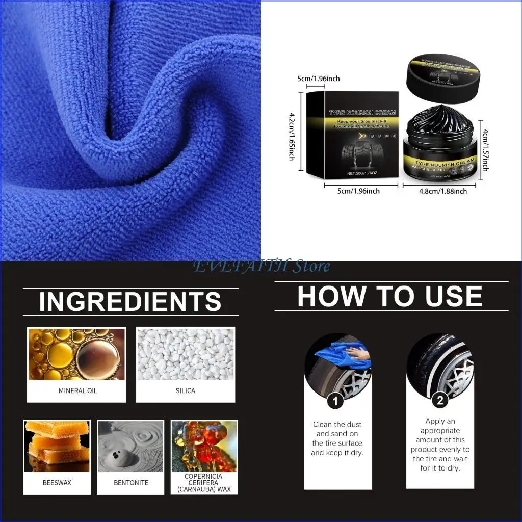 

124B High Performances Tire Wax Nourish Cream With Microfiber Towel 50G Capacity