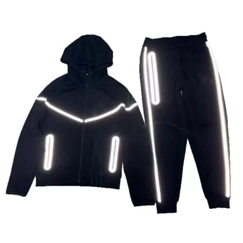Reflective Zip Hoodie Jacket Casual Sportswear Long Sleeve Short Pants Men's Spring Season Outerwear Visibility Hooded Coat view 5