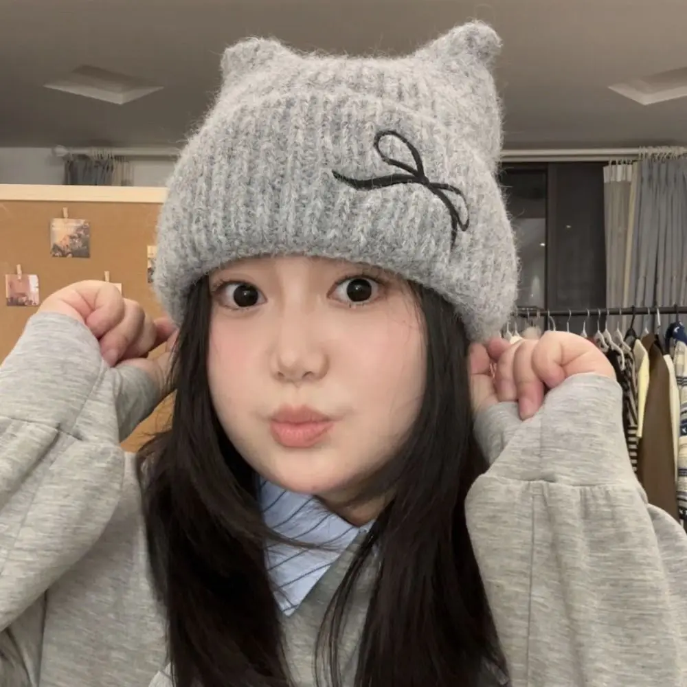 لطيف بلون القط الأذن قبعة سميكة الدفء محبوك قبعة صوفية الكورية نمط Harajuku محبوك Skullies الخريف