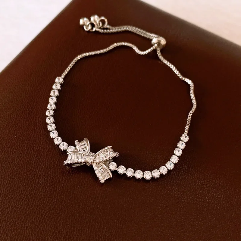 Super Flash Zircon Bow Adjustable Bracelet for Women French Light Luxury Versatile Bracelets Simple New Trendy Jewelry Wedding K view 4