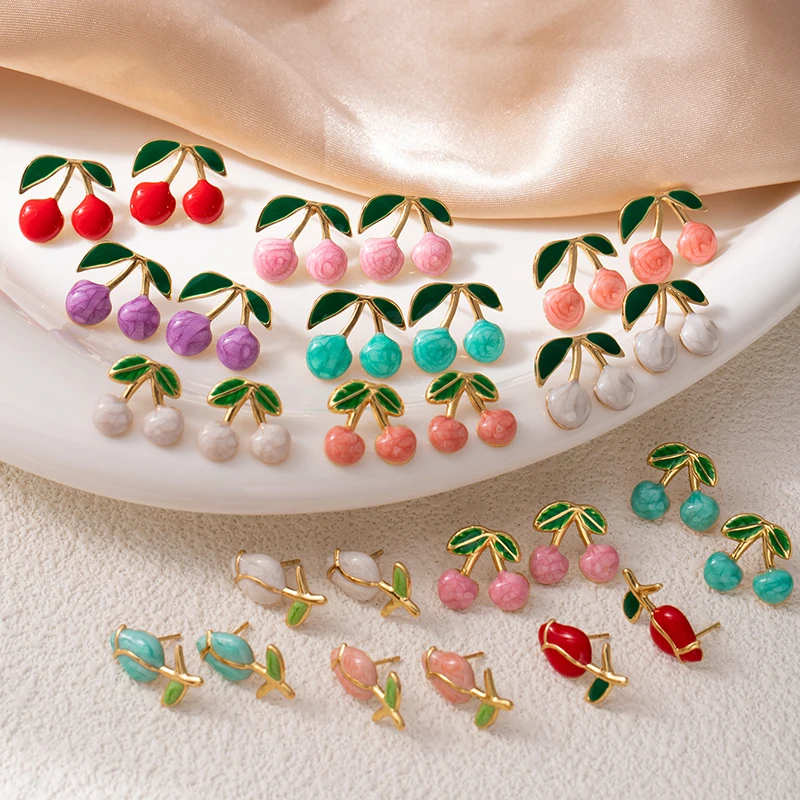 ANENJERY 316L Edelstahl Bunte Erdbeere Kirsche Rose Blume Ohrringe Für Frauen Einfache Romantische Schmuck Geschenke Großhandel