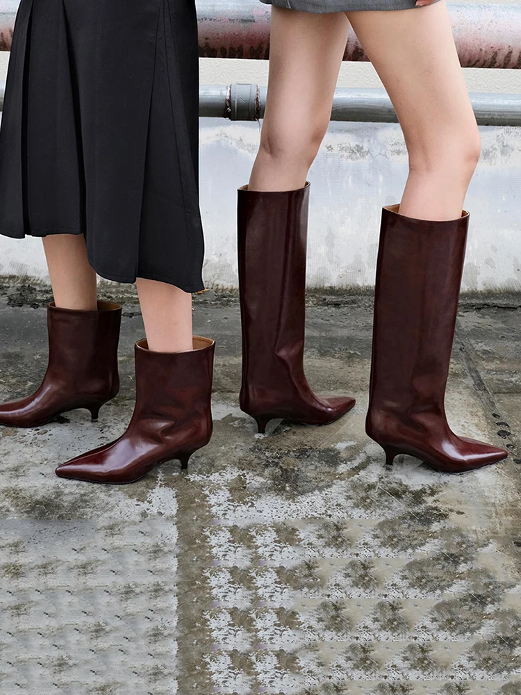 

Original Designer Brand Real Leather Boot Pointy Retro Knight Boots Slim Heel Boots for Women Hot Selling