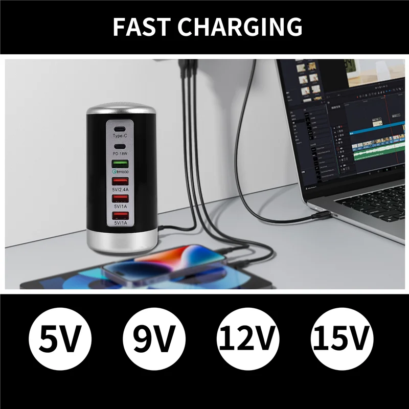 HFES 65 واط USB شاحن سريع محور شحن سريع QC3.0 متعدد 6 منافذ USB نوع C PD شاحن محطة شحن الولايات المتحدة التوصيل