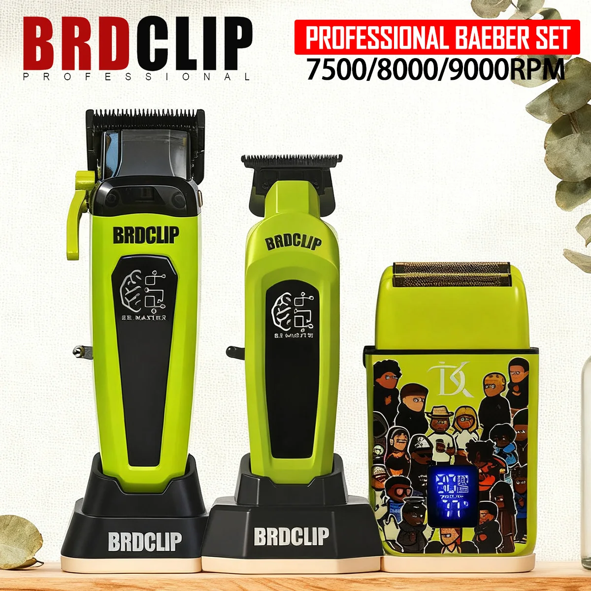 

BRDCLIP Профессиональный парикмахерский набор 106 107 DK800 с базовым зарядным устройством 7500 об/мин Машинка для стрижки волос DLC Лезвие 8000 об/мин Триммер 9000 мАч Бритва