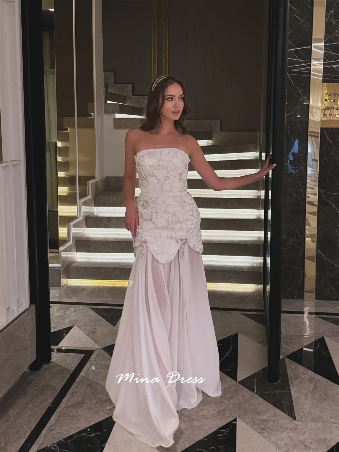 Mina Robes personnalisées en perles de fleurs 3D pour événements spéciaux, paillettes. Robe de soirée de luxe pour femmes, haut tubulaire, dos nu, robes élégantes