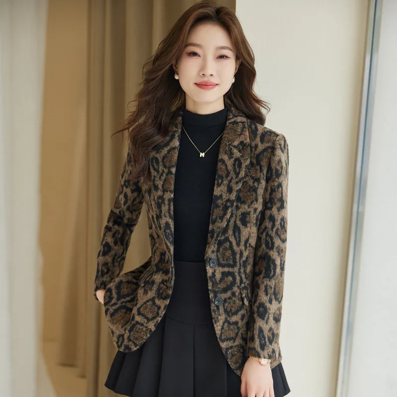 

Formal Autumn Winter Female Blazers Feminino for Women Office Work Wear Coat Leopard Printed Woolen Vintage Jackets Outwear