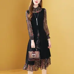 Elegant A-Line Waist Midi Dress Fake Two Pieces Spliced Women's Vintage Broken Flowers Spring Autumn Half High Collar Dresses