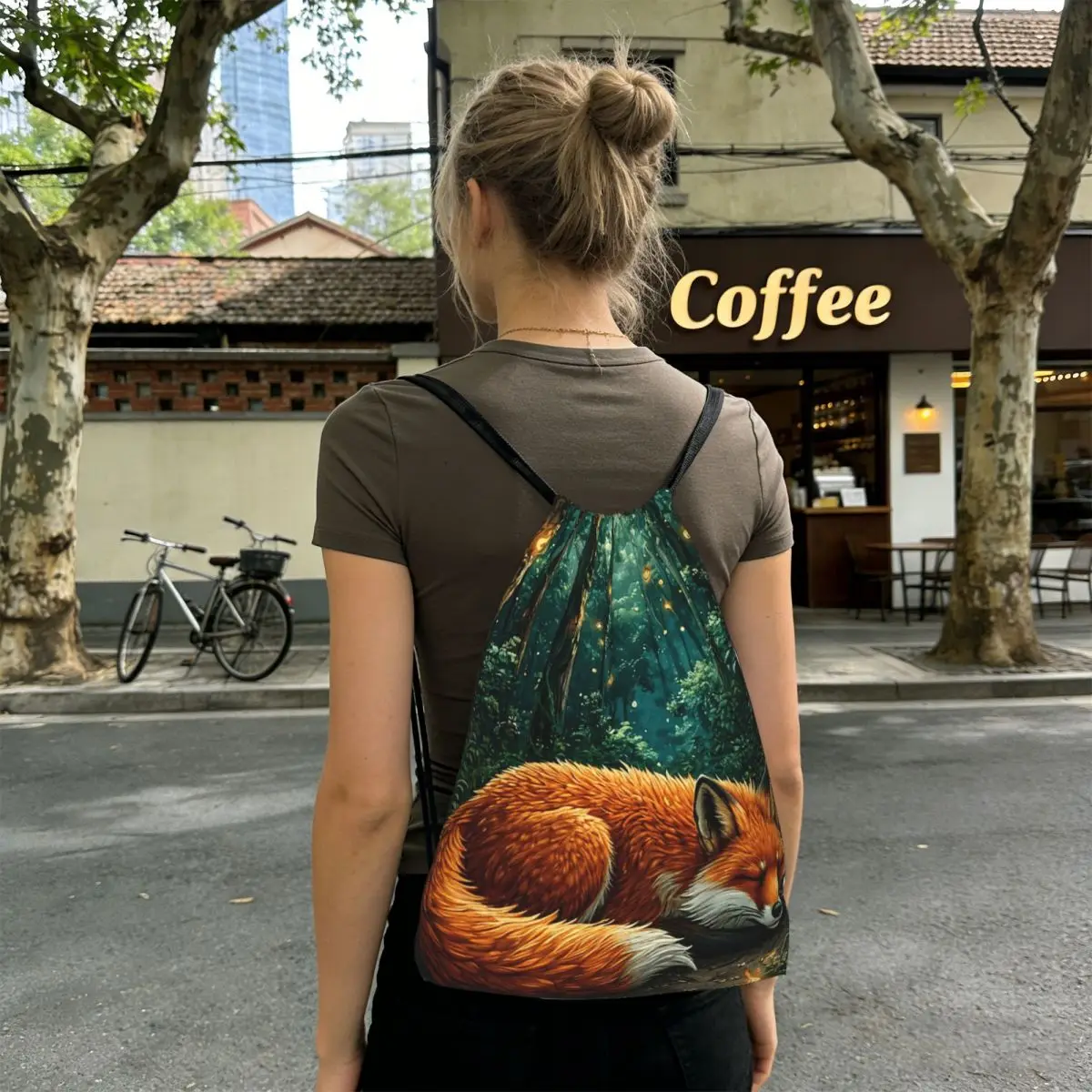 The Fox Sleeping In The Forest Backpacks Casual Drawstring Bags Sports Bag Book Bags for Travel School