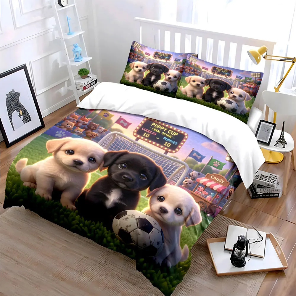Adorable puppies at soccer match Pattern Duvet Cover Set Digital Print Colorful Polyester Bedding with Zipper Closur for gifts