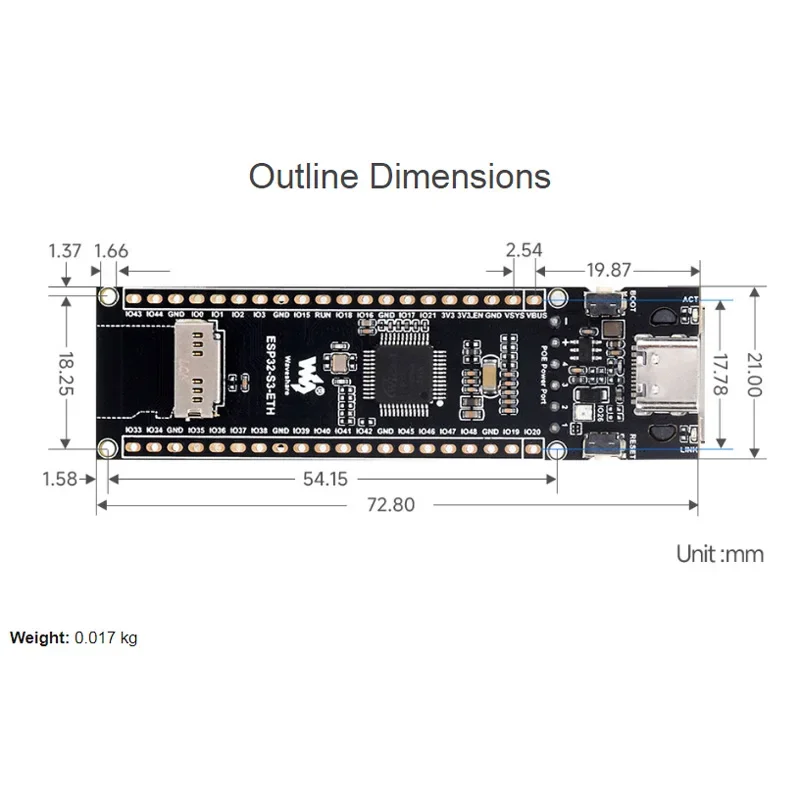 ESP32-S3 ETH HAT Development Board 240MHz Dual Core Processor RJ45 Ethernet Port Wi-Fi & Bluetooth Optional Camera PoE Function