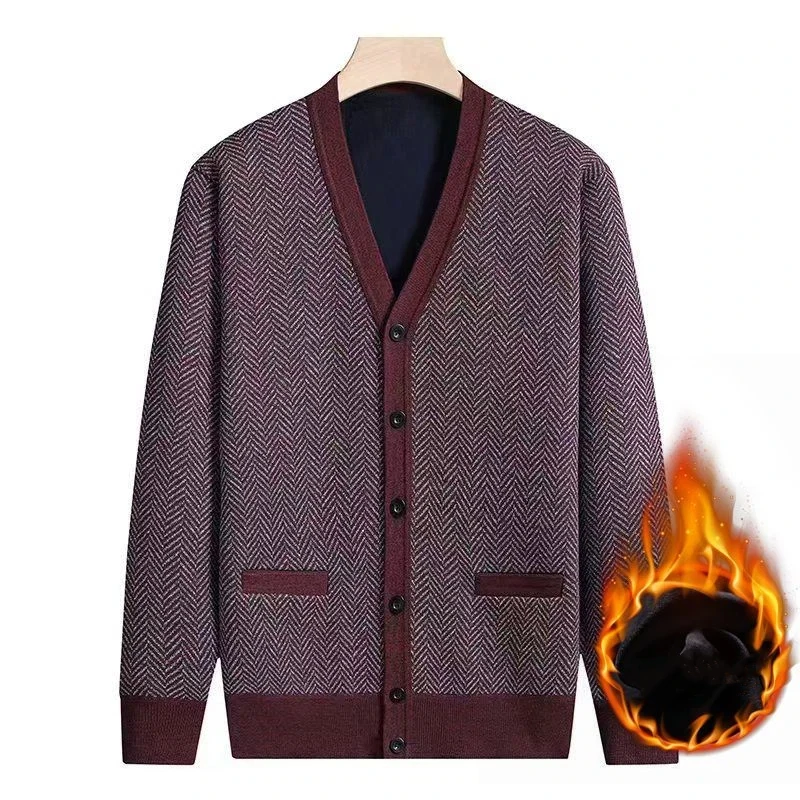 Men V Neck Herringbone Jacquard Button Pocket Fleece Lined Knit Cardigan
