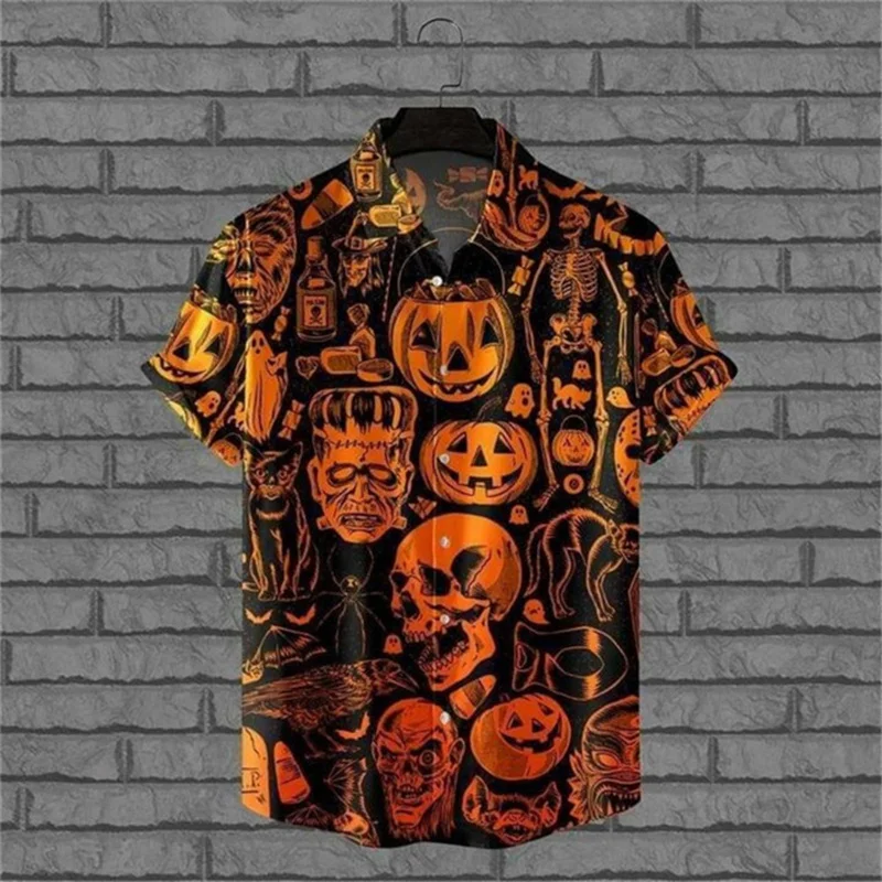 Halloween Little Devil Graphic Hawaiian Shirt For Men Pumpkin Cat 3D Printed Aloha Shirts Casual Short Sleeve Lapel Tops Blouse