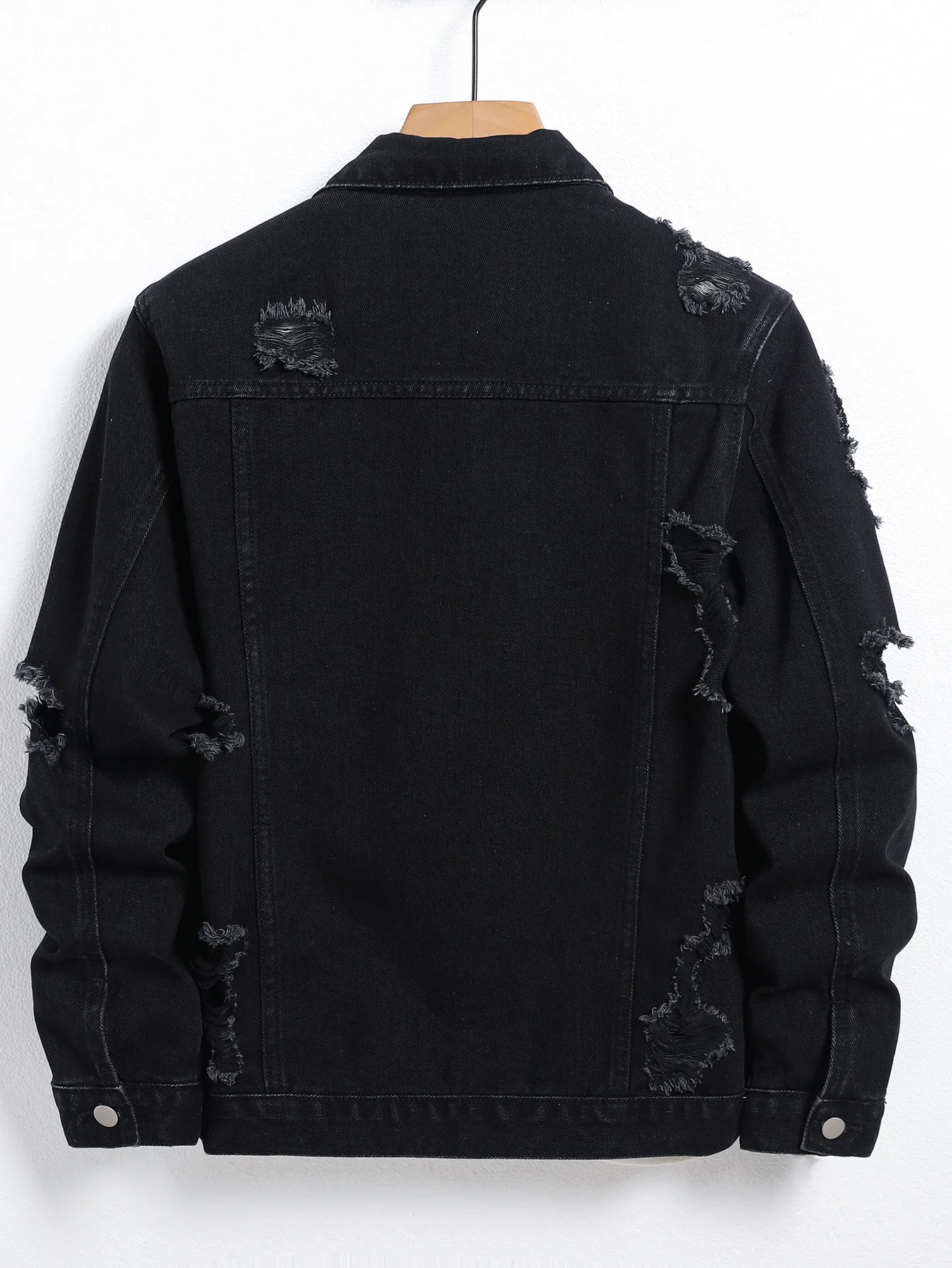 Men's Black Denim Jacket, Regular Fit Ripped Fashion Coat, Street Style Casual Outerwear Suitable for Daily Wear & Outings