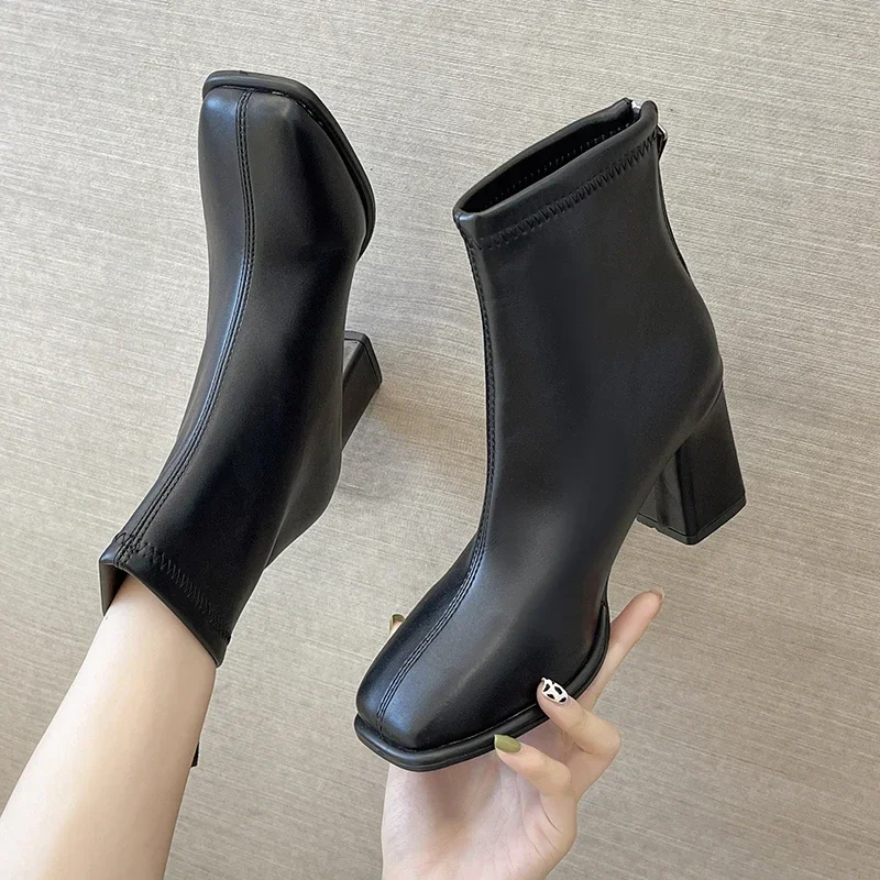 New Luxury Brand Women Beige High Heels Ankle Boots Winter Female Square Toe Chelsea Boots High Quality Short Boots Botines