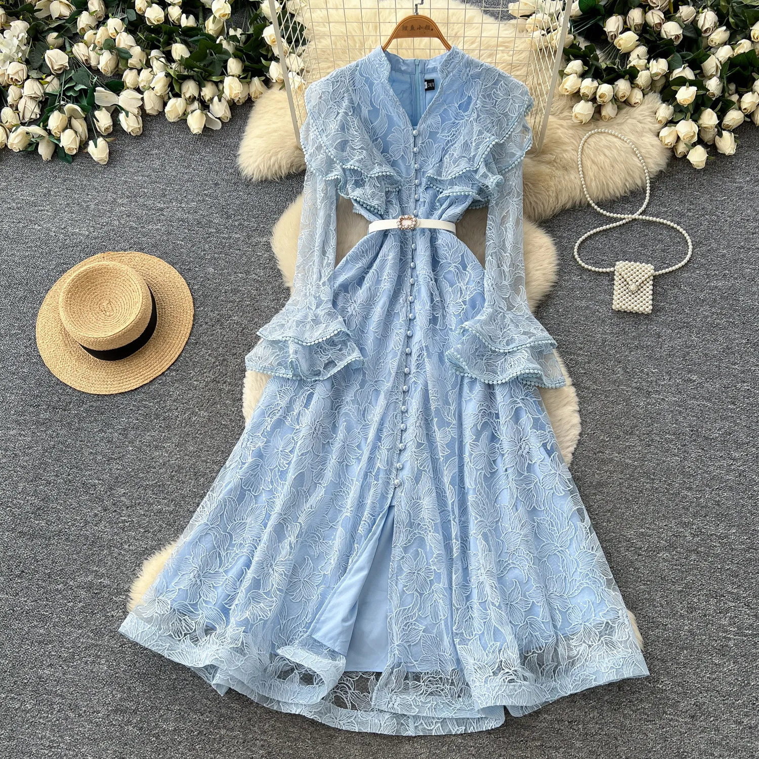 Rüschen-V-Ausschnitt, ausgestelltes A-Linien-Abendkleid, Retro, elegantes Maxi-Cocktailkleid, Damen-Partykleid, Vestidos