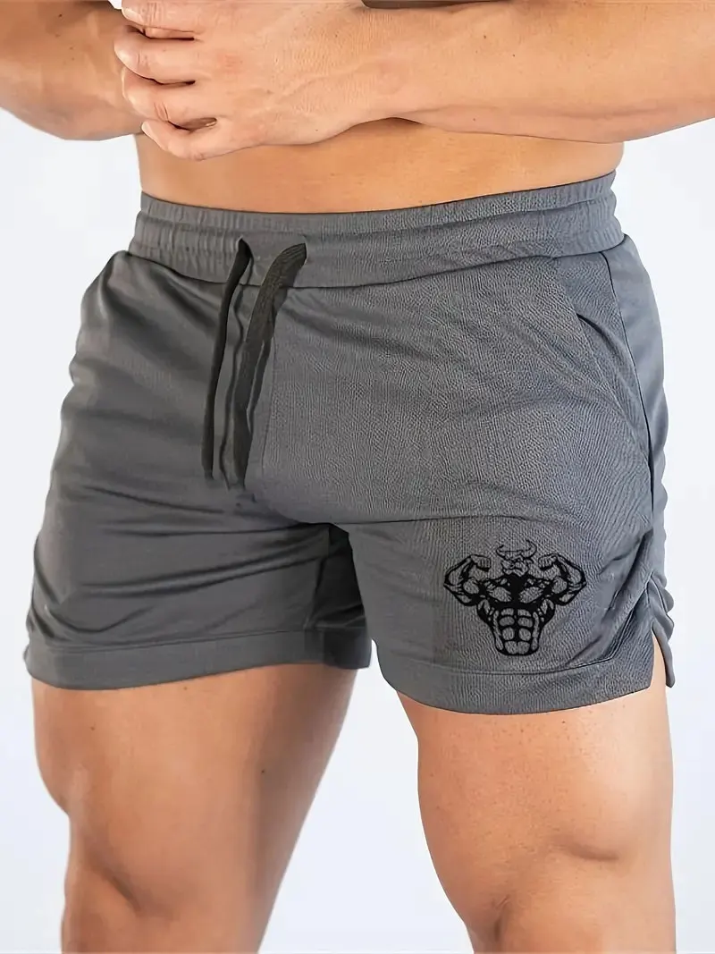 Men's Bull Head Pattern Sports Shorts with Drawstrings - Quick-Drying and Breathable, Suitable for Running and Training, Casual and Outdoor Wear, Patterns, Fitness, Sports Style, Beach Occasions, Sports Occasions, Football Party Occasions, Beach Party Occasions, Regular Version, Spring/Summer