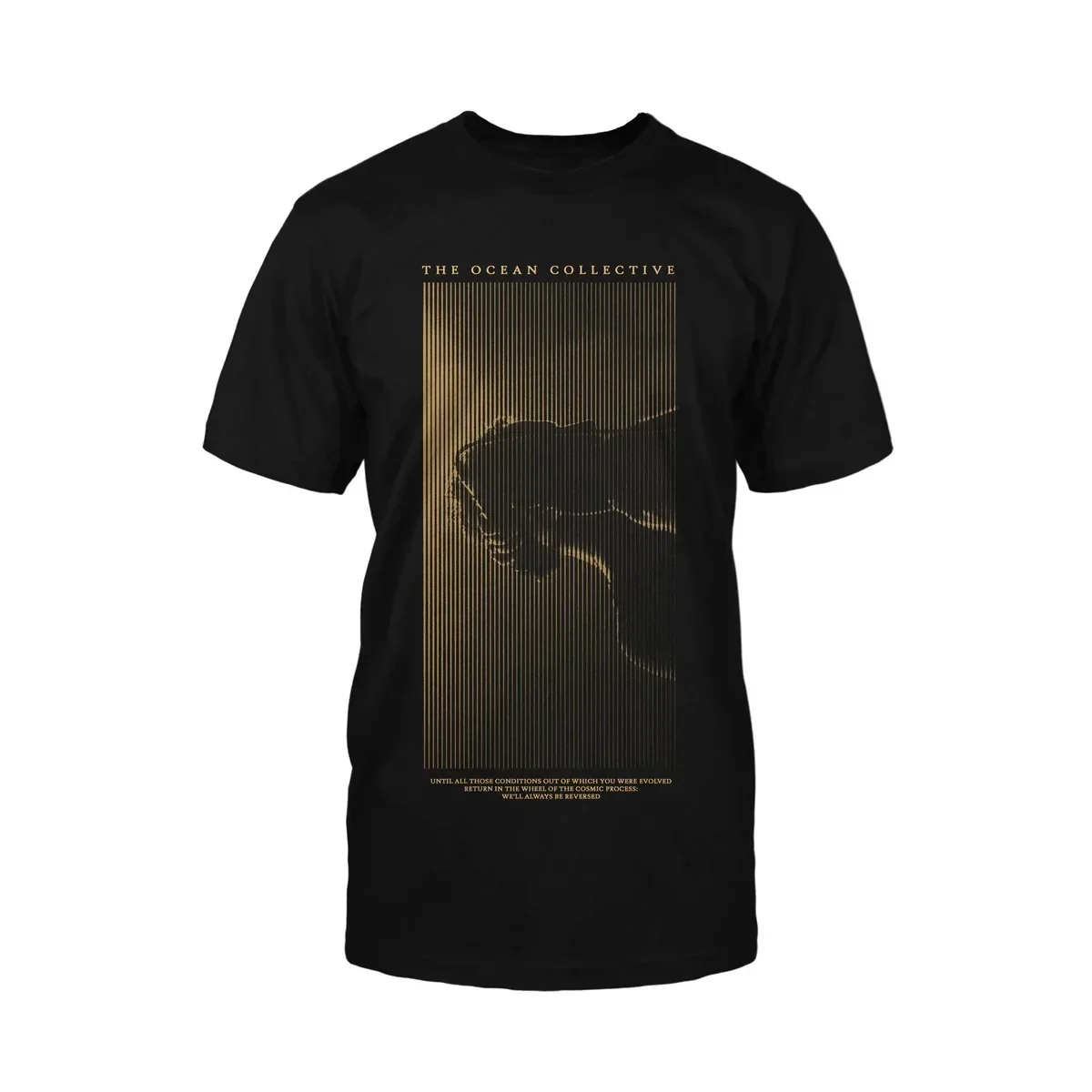 The Ocean Collective Line Art Portrait Graphic Print T Shirt, Gold Vertical Raster Stripes Figure with Full Band Name and Quote