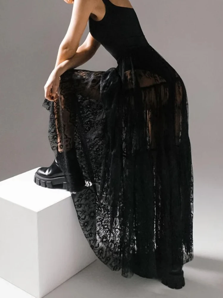 2025 Primavera Verano mujeres Sexy Maxi faldas de encaje sólido alto cintura acampanada falda larga para mujeres Y2k negro faldas largas para mujeres