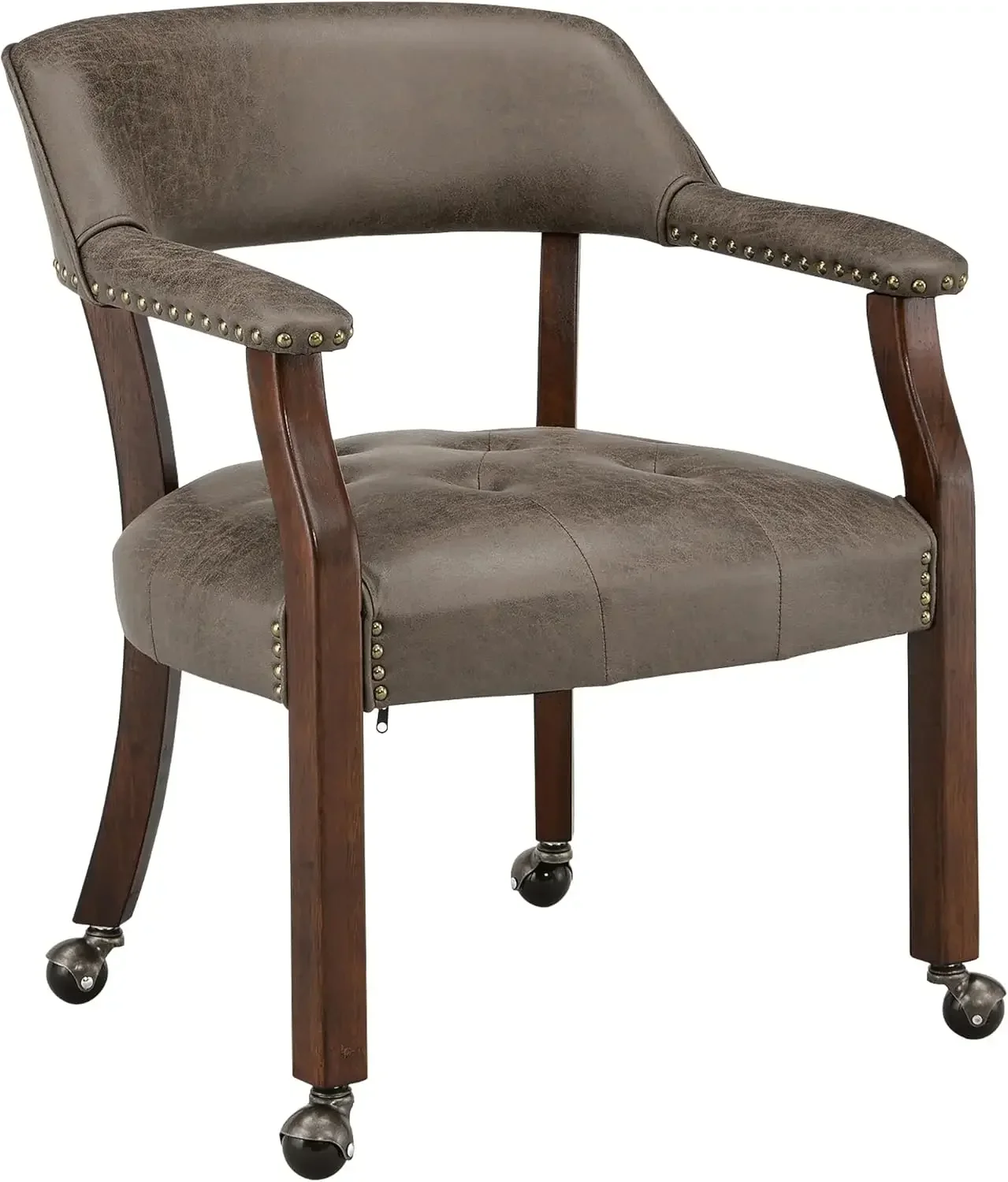 Dining Chairs with Casters and Arms, Upholstered Rolling Dining Chairs with Wheels for Elderly, Ergonomic Wide Seat Wooden Offic