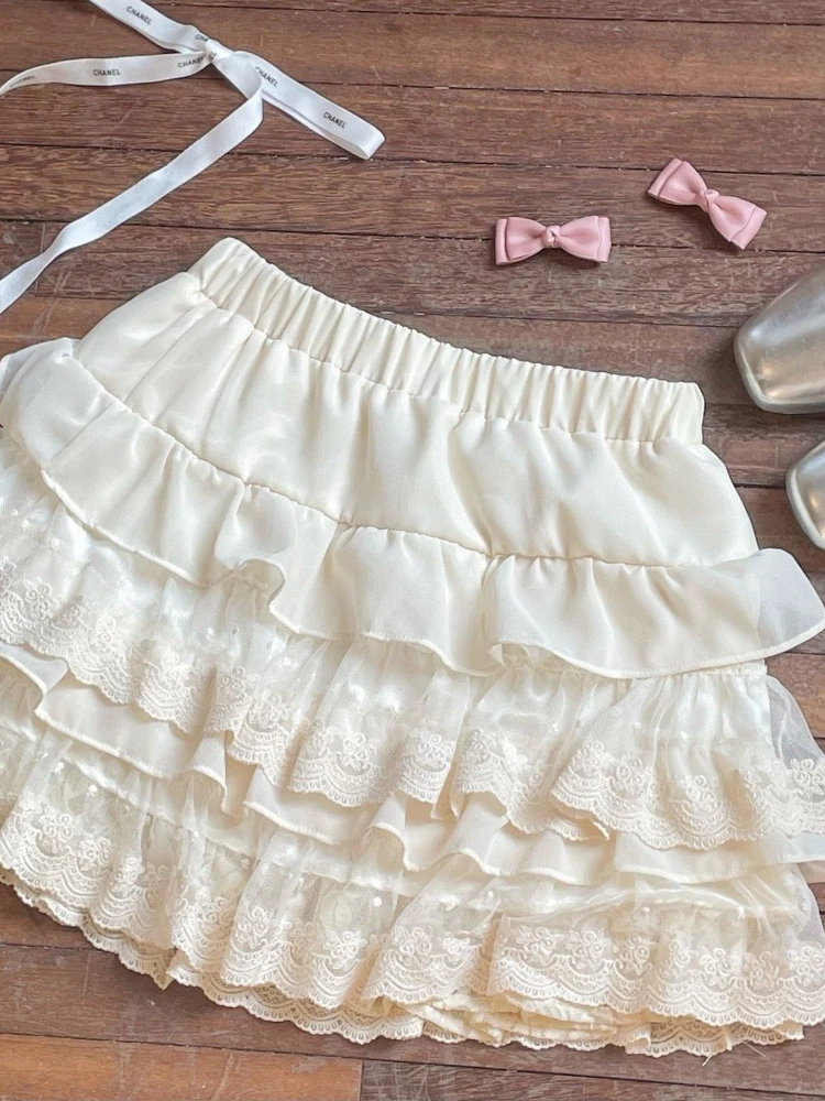 Japanese Sweet Elastic Waist Lace Short Skirt Women Kawaii Chic High Waisted Solid Ruffle Skirts Female Design Cute Thin Skirt