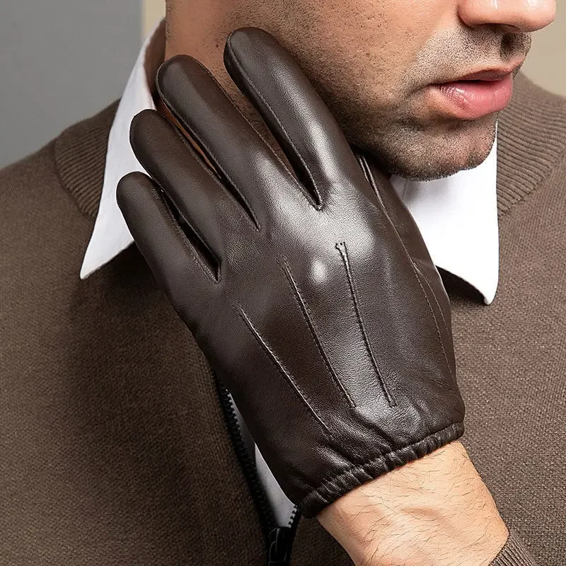 New 2022 Men Business Sheepskin Leather Gloves Winter Full Finger Touch Screen Brown Gloves Riding Motorcycle Gloves