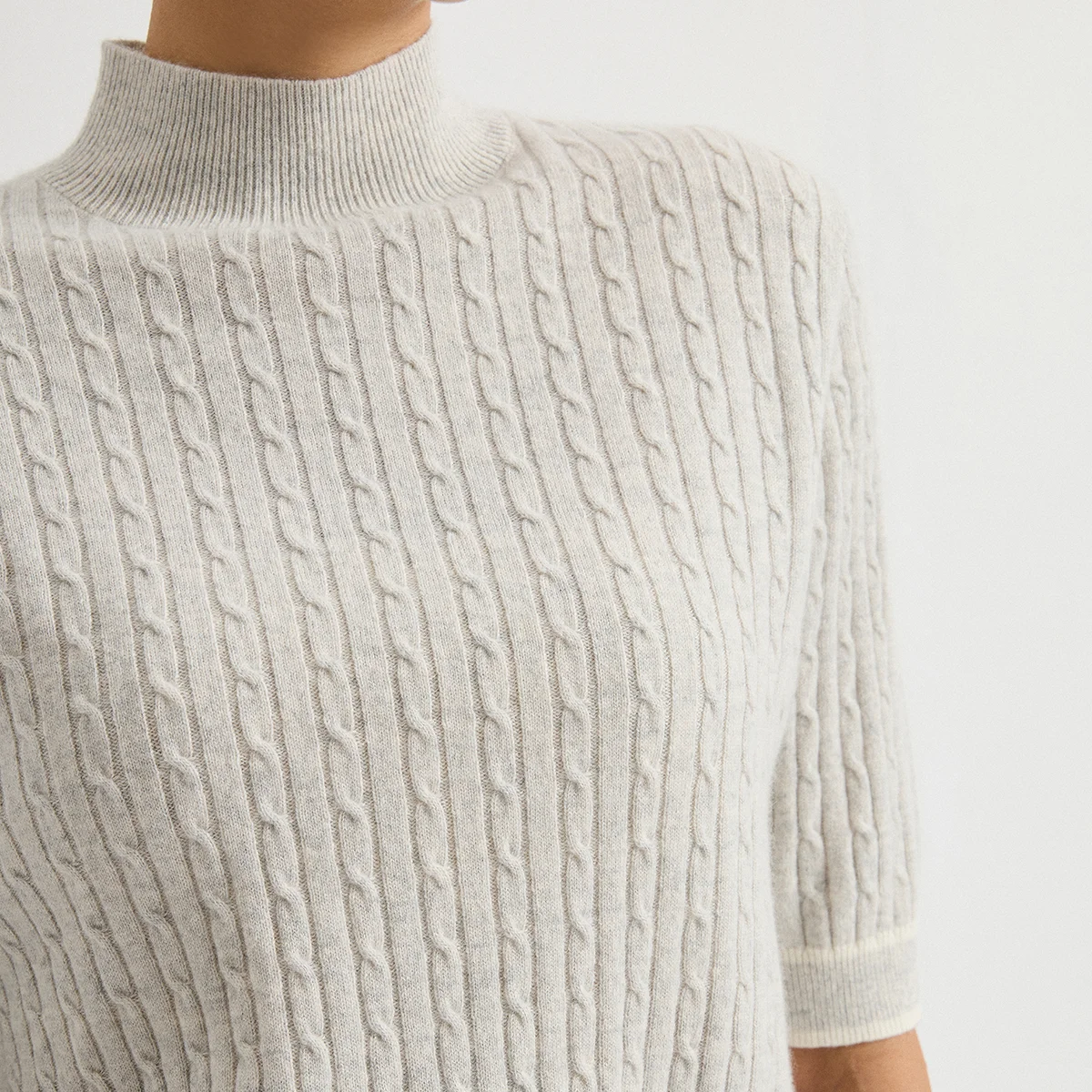 BL4621756 Women's Mock Neck Short Sleeve 100% Cashmere Cable Knit Top Leather Badge Chain Contrast Cuff Trim Early Autumn Fall