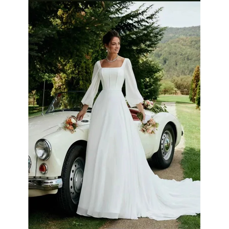 Vestido de novia de satén blanco para mujer, Vestido de manga larga, Simple, ligero, nuevo estilo, 2024