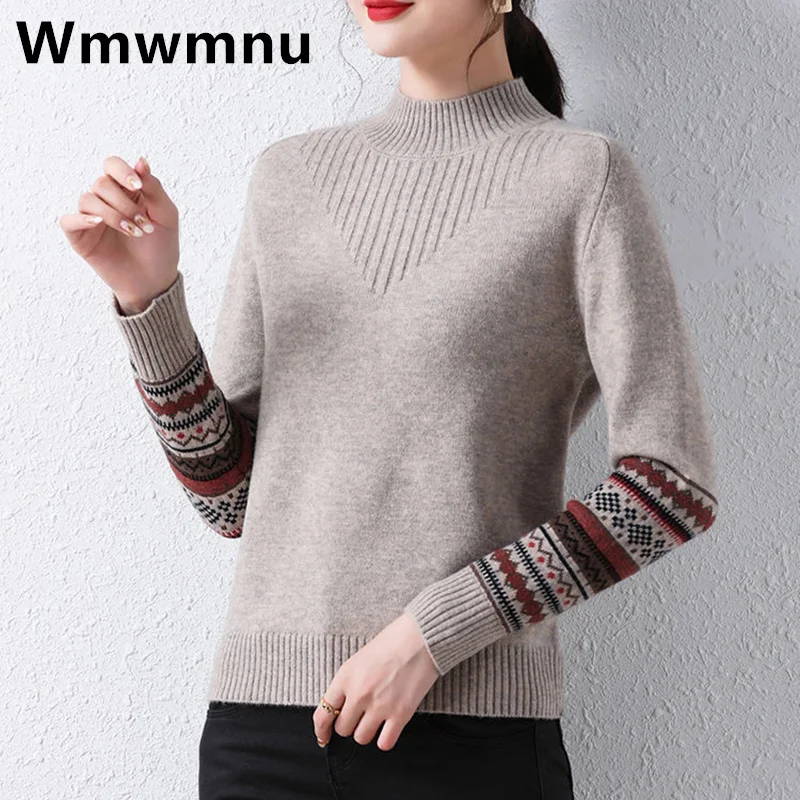 Outono inverno mock neck vintage impressão camisola para as mulheres curto casual crochê manga longa topos coreano solto básico de malha pulôver