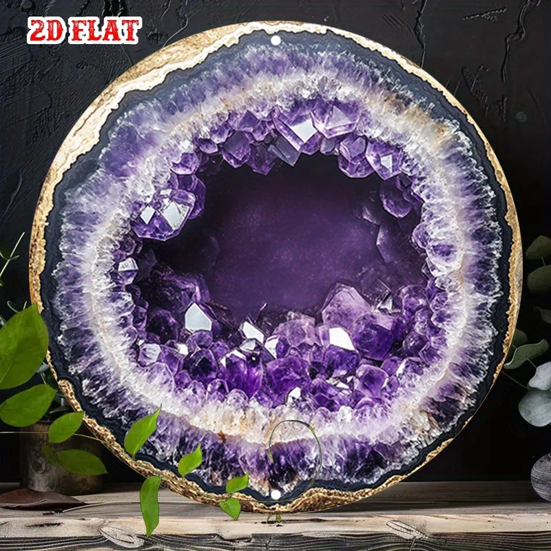 

1pc Rustic Vintage Farmhouse Wall Art - Purple Amethyst Geode Round Print Aluminum Metal Sign, Frameless Indoor Home Decor for L